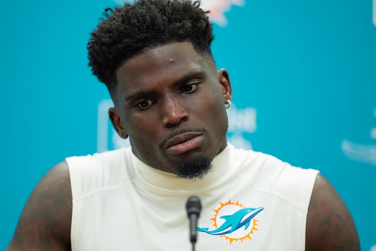 Miami Dolphins wide receiver Tyreek Hill speaks to journalists following a team practice on Wednesday in Miami Gardens, Fla.