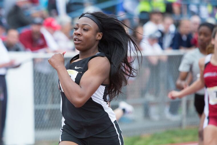 Thelma Davies of Girard College takes the Gold after competing in the Girls AA 100 Meter Dash in Shippensburg, Pa., Sat. May 27, 2017.