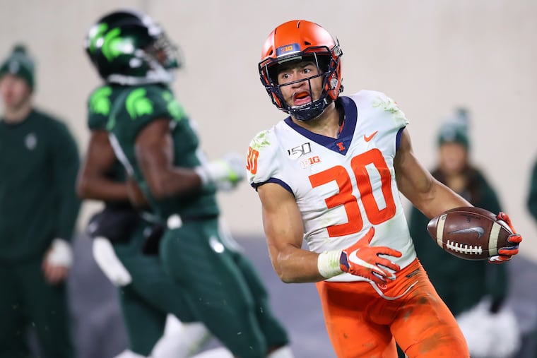 Sydney Brown #30 of the Illinois Fighting Illini celebrates his fourth quarter interception for a touchdown while playing the Michigan State Spartans at Spartan Stadium on November 09, 2019 in East Lansing, Michigan.