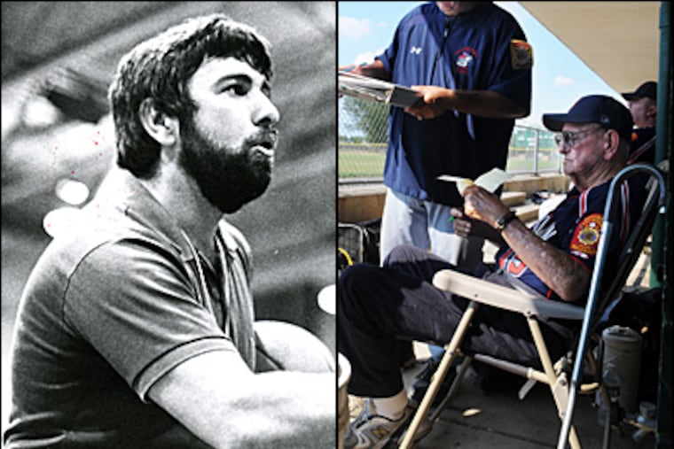Bob Barth, coaching basketball in 1986 at Overbrook High School in Pine Hill, N.J. (file photo). At right, Barth's father, the legendary Joe 'Pop' Barth, at his Brooklawn American Legion game, hours after his son's death on Sunday.