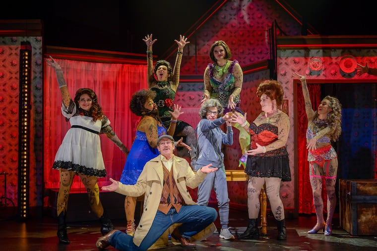 (From left) Ashley Pérez Flanagan, Kim Blanck, Sophia Ramos, Anthony Lawton, Grace Slear, Jackie Hoffman, Katie Thompson, and Jessie Shelton in "The Tattooed Lady" at the Philadelphia Theatre Company.
