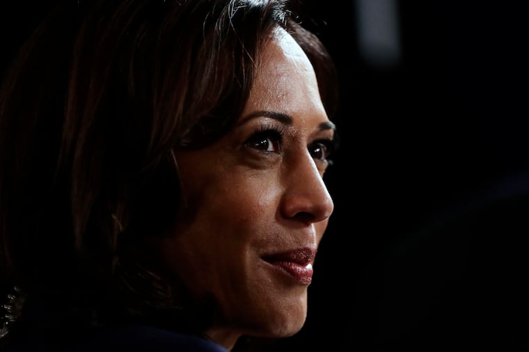 Sen. Kamala Harris, D-Calif., talks to the media in the spin room following the Democratic presidential primary debate hosted by ABC on the campus of Texas Southern University in Houston on Sept. 12, 2019.