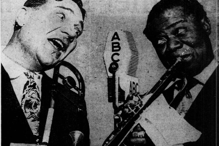 Jack Teagarden and Louis Armstrong (right) were among the entertainers featured in the fifth annual Philadelphia Music Festival at the old Municipal Stadium in June 1949.