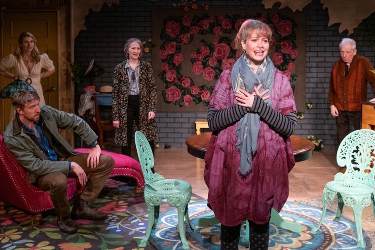(Left to right:) Michael Schantz, Nadia Bowers, Barbara Kingsley, Jeff Biehl, and Austin Pendleton in “Life Sucks,†at the Wheelhouse Theatre Company in New York.
