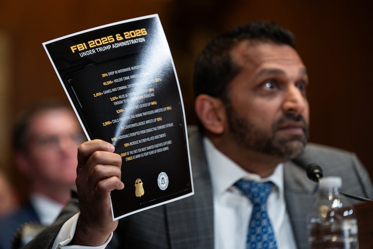 FBI Director Kash Patel holds a printout of law enforcement statistics during a Senate hearing on the budget request for the FBI and other federal law enforcement agencies on Capitol Hill in Washington, on May 12, 2026.