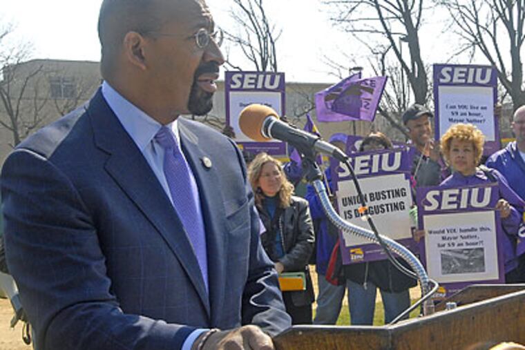 "It's not the most comfortable place to find myself, but the alternatives are worse," Philadelphia mayor Michael Nutter said. (April Saul/Staff Photographer)