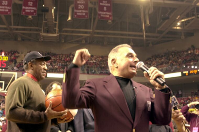 Peter Liacouras, joined by alumnus Bill Cosby, speaks as the Broad Street arena becomes the Liacouras Center in 2000. (John Costello/File photo)