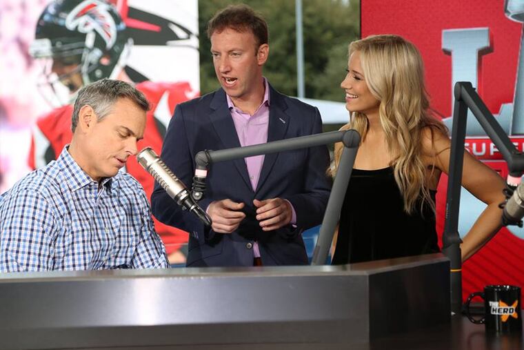Former Fox Sports executive Jamie Horowitz (center) next to Colin Cowherd and Kristine Leahy on the set of FS1's "The Herd" during the 2017 Super Bowl.