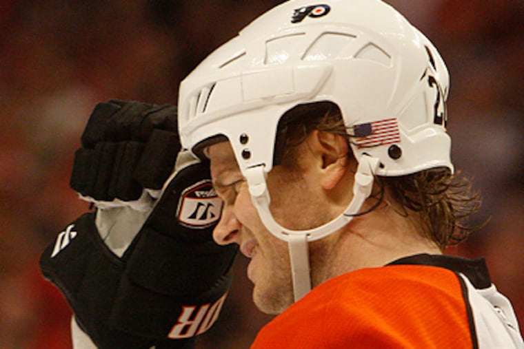 The Flyers' Chris Pronger skates to penalty box in the second period of Game 5. (Ron Cortes / Staff Photographer)