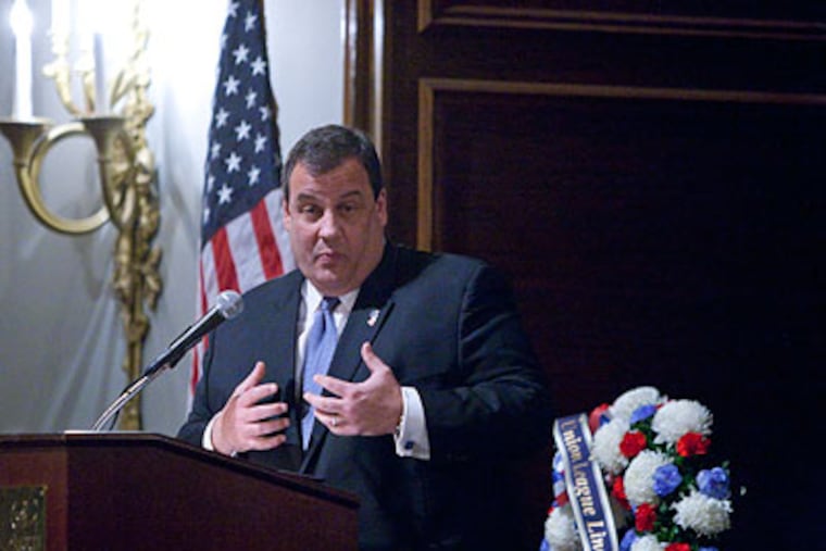 N.J. Gov. Chris Christie addresses the Union League in Philadelphia last week. This week, he chided President Obama for using a phrase associated with Christie. (David M Warren / Staff Photographer)