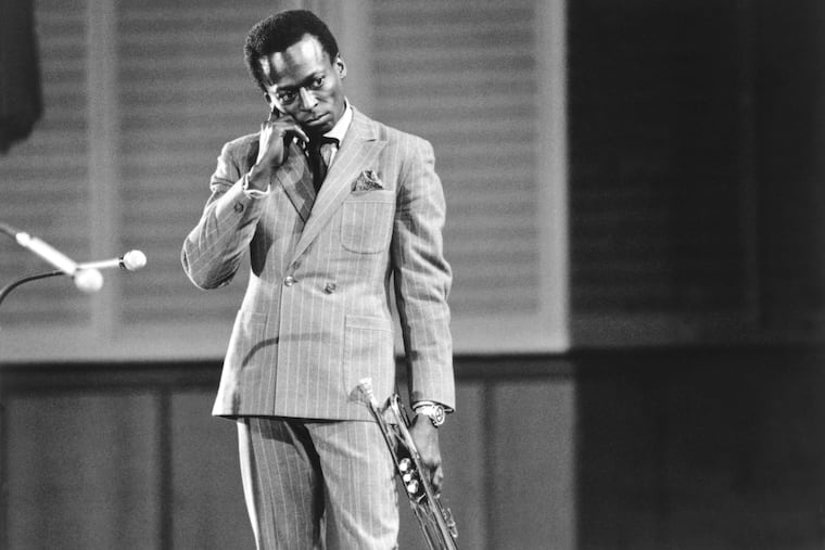 Jazz trumpeter and composer Miles Davis plays trumpet as he performs onstage in circa 1959 in West Germany.