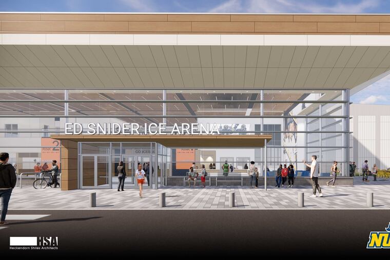 An artist's rendering of the new ice hockey arena planned for Neumann University's campus. Neumann University has been offered a $15 million matching gift from Ed Snider Youth Hockey & Education to build an on-campus ice hockey arena for use by both its teams and the program, which serves disadvantaged teens in the Philadelphia region.
