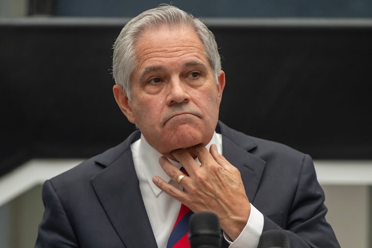 District Attorney Larry Krasner at a news conference on May 13, denouncing criticism of his office leveled by Republican members of the House Judiciary Committee, and its chairman, Rep. Jim Jordan.