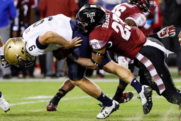 Temple linebacker Shaun Bradley sacking Navy's Zach Abey last season.