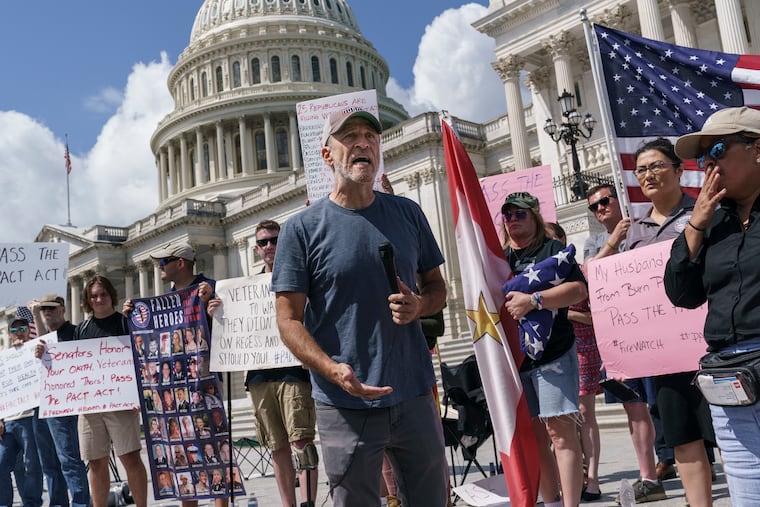 Veterans, military family members, and advocates for the PACT Act are joined by activist and comedian Jon Stewart at the U.S. Capitol.