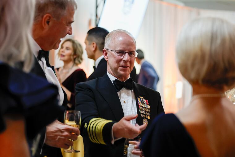 Adm. Daryl Caudle, chief of Navy operations, meets with with guests during the Navy Homecoming 250 Gala at the National Constitution Center on Saturday, Oct. 11, 2025.