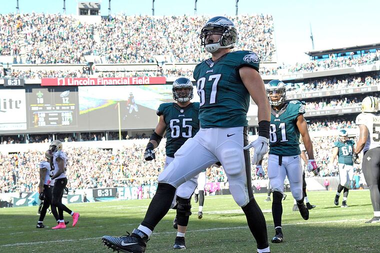 Philadelphia Eagles tight end Brent Celek (87) celebrates a 13-yard touchdown catch during the third quarter against the New Orleans Saints at Lincoln Financial Field.