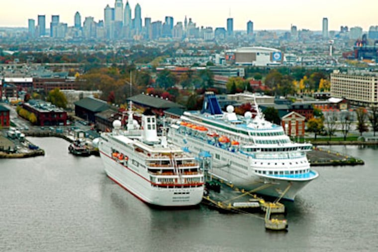 The Philadelphia Cruise terminal hosted both the Peter Deilmann Cruise Line's MS Deutschland (left) and the Norwegian Cruise Line's Norwegian Majesty in October. (Delaware River Port Authority)