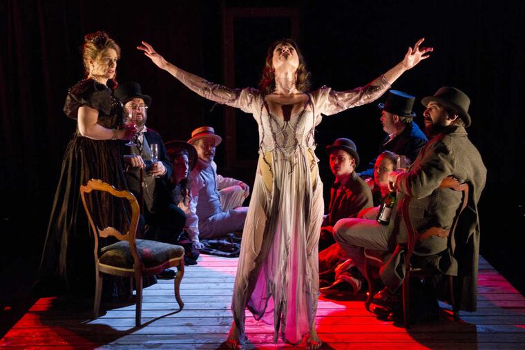 (Left to right:) Melanie Julian, Aaron Cromie, Stephanie Iozzia, Eric Kramer, Anna Zaida Szapiro, Dane Eissler, Kirsten Quinn, Mark Knight, and Ed Swidey in "The Seagull" at EgoPo.