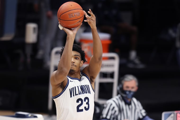 Jermaine Samuel of Villanova hits a three-pointer against Seton Hall during the first half Tuesday.