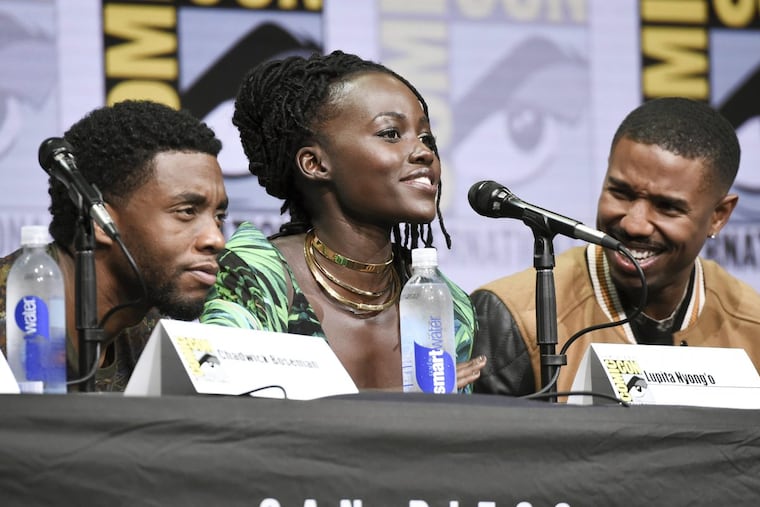 Chadwick Boseman, from left, Lupita Nyong and Michael B. Jordan and attend the Marvel panel on day 3 of Comic-Con International on Saturday, July 22, 2017, in San Diego.
