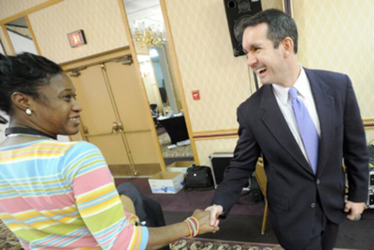 Eugene DePasquale is congratulated by Charlene Lewis on his statewide win. (Jason Plotkin / Daily Record)