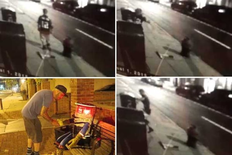 Clockwise from lower left. 1) Last known image of an intact hitchBOT. 2) Frame grab from surveillance video of man in No. 12 jersey after tossing what appear to be hitchBOT's arms to sidewalk. 3 & 4) Man appears to stomp item believed to be hitchBOT.