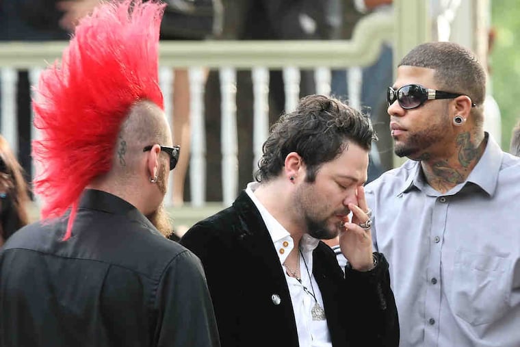 Brandon "Bam" Margera (center), Ryan Dunn's "Jackass" costar, after a viewing at the DellaVecchia, Reilly, Smith & Boyd Funeral Home in West Chester.