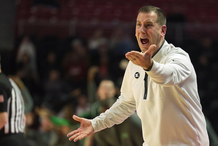 Temple Owls head coach Adam Fisher reacts to a foul called on Temple in the second half as they play North Texas Mean Green at the Liacouras Center in Philadelphia on Sunday, Feb. 15, 2026. Temple loses 65-62.