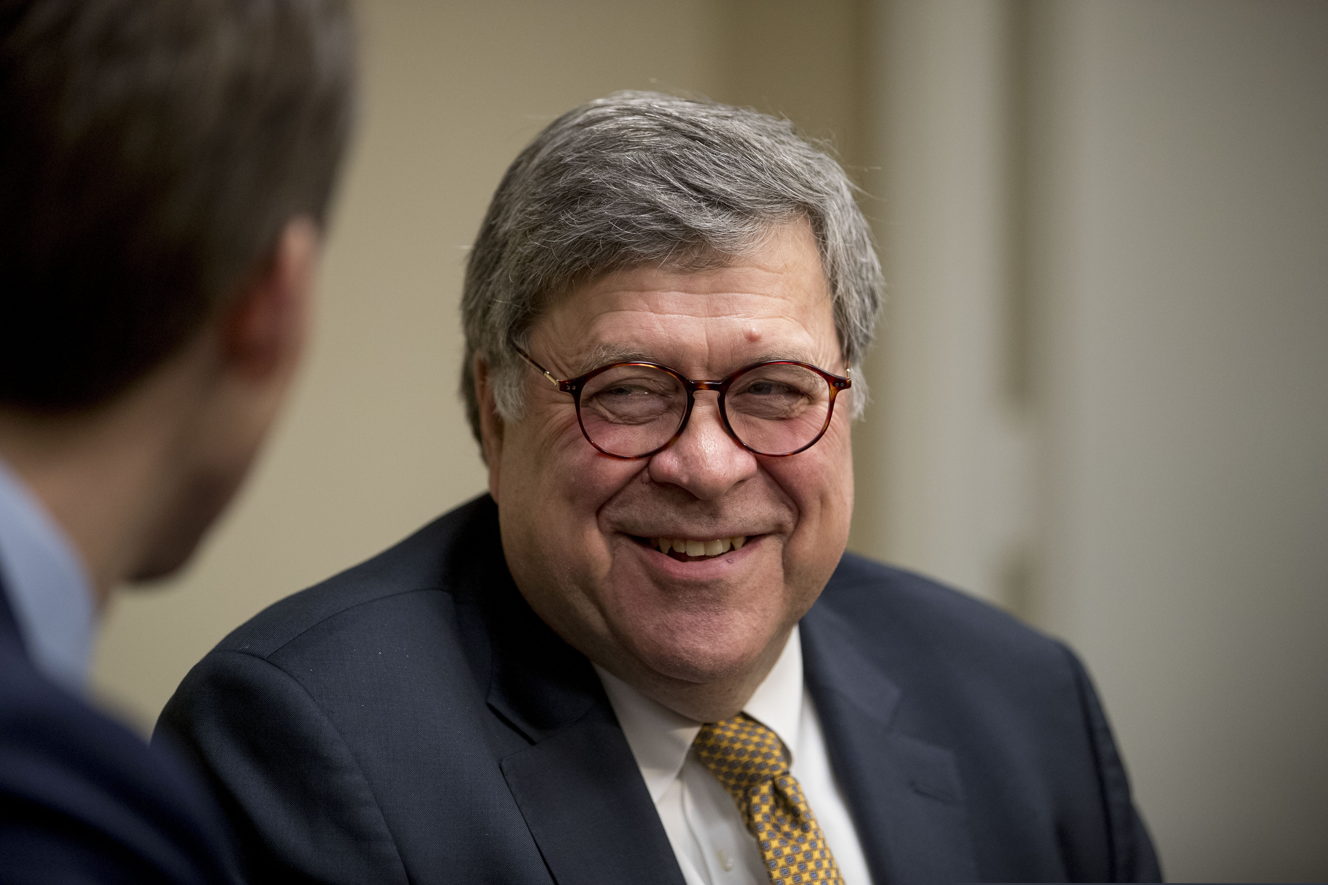 In this Jan. 29, 2019 photo, Attorney General nominee William Barr, right, meets with Sen. Josh Hawley, R-Miss., a member of the Senate Judiciary Committee, in Hawley's office in Washington. (AP Photo/Andrew Harnik)