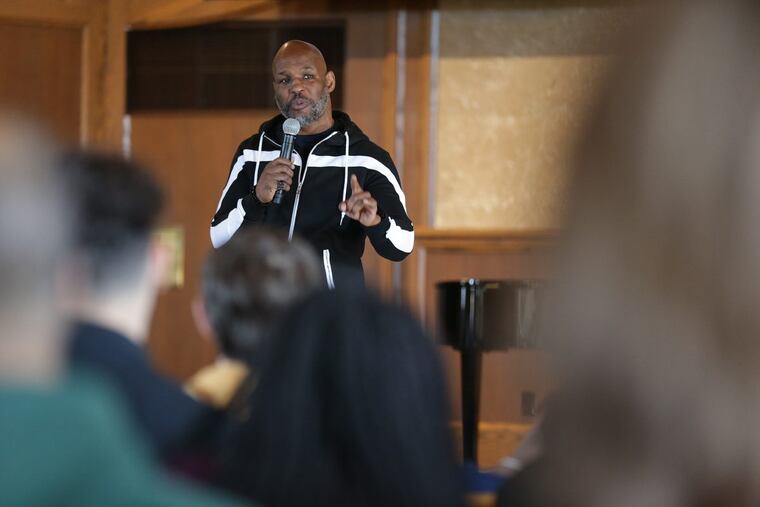 World Champion boxer Bernard Hopkins talks to students at the Y.A.L.E. School in Cherry Hill, NJ on February 13, 2018. DAVID MAIALETTI / Staff Photographer