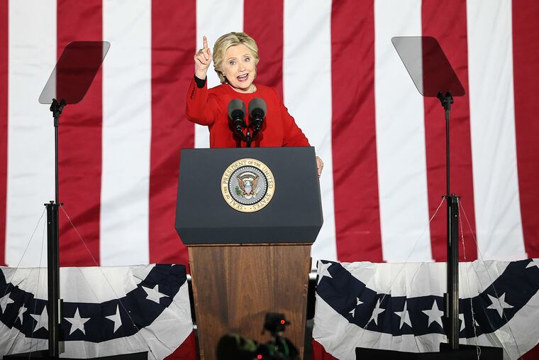 Hillary Clinton addresses supporters on Independence Mall on November 7, 2016.
