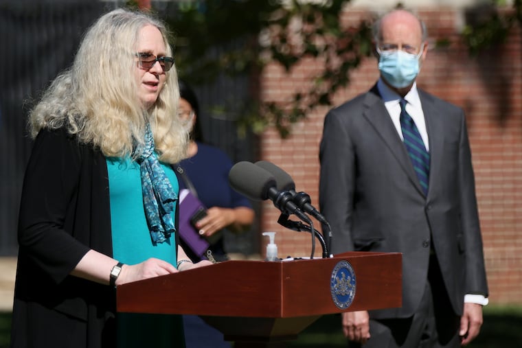 Pennsylvania Secretary of Health Dr. Rachel Levine, left, speaking in Philadelphia on Sept. 22.