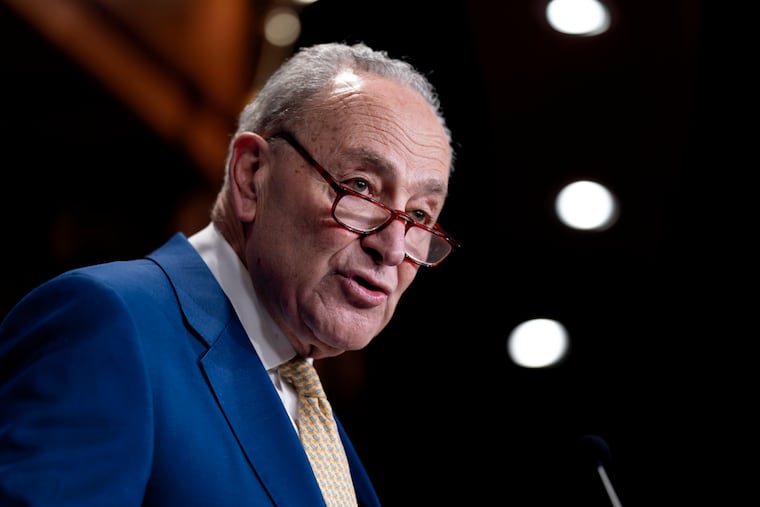 Senate Majority Leader Chuck Schumer, D-N.Y., speaks to at the Capitol in Washington on Tuesday, Feb. 13, 2024.