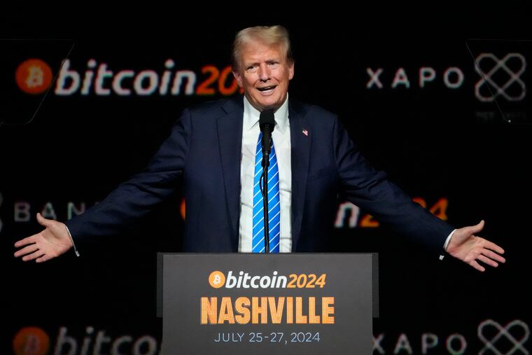 Then former President Donald Trump speaks at the Bitcoin 2024 Conference, July 27, 2024, in Nashville.