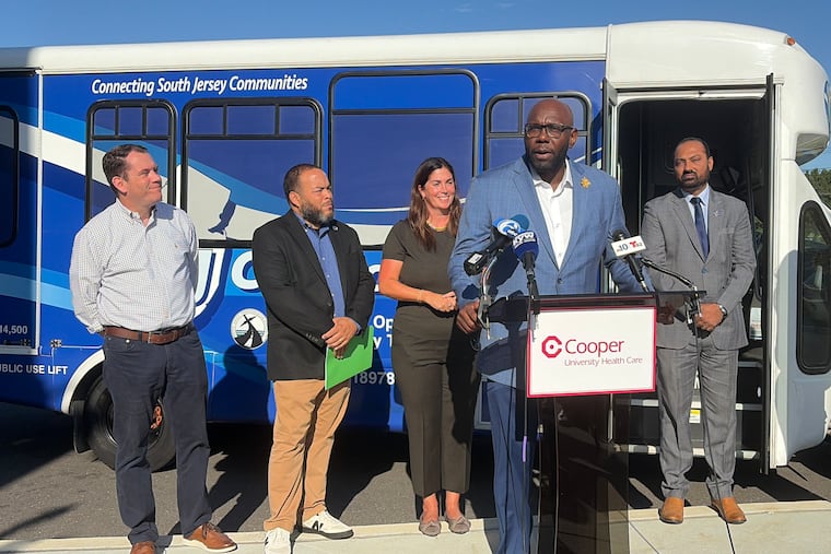 New Jersey Sen. Troy Singleton speaks about the launch of the Burlington County Shuttle on Sept. 14, 2026 alongside local leaders. Left to right: Stephen Dougherty, executive director of the South Jersey Transportation Authority; Burlington County Commissioner Randy Brolo; Christina Renna, president and CEO of the Chamber of Commerce Southern New Jersey; Assemblyman Balvir Singh; and Anthony Welch of Cooper University Health Care.