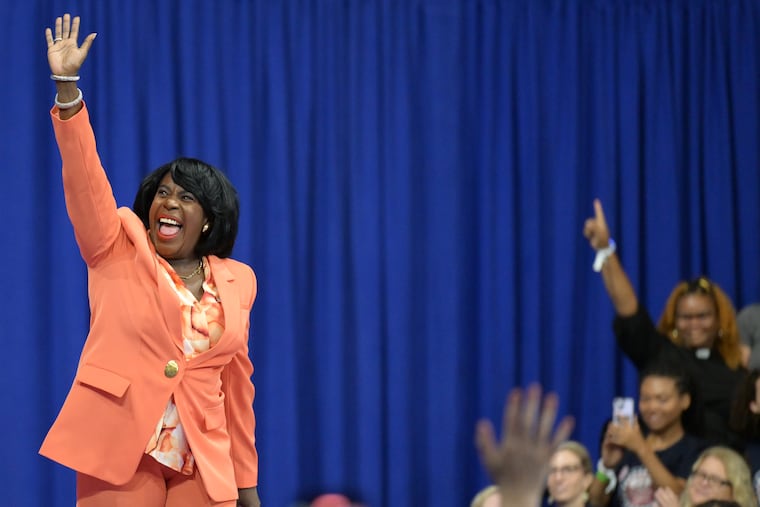 Philadelphia Mayor Cherelle L. Parker takes the stage during Vice President Kamala Harris' first campaign rally with running mate Tim Walz at Temple University's Liacouras Center.