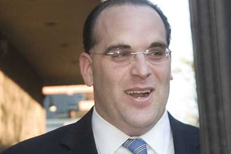 Christian Marrone, son-in-law of Vince Fumo, exits federal court in Philadelphia last week. (Jessica Griffin / Staff Photographer)