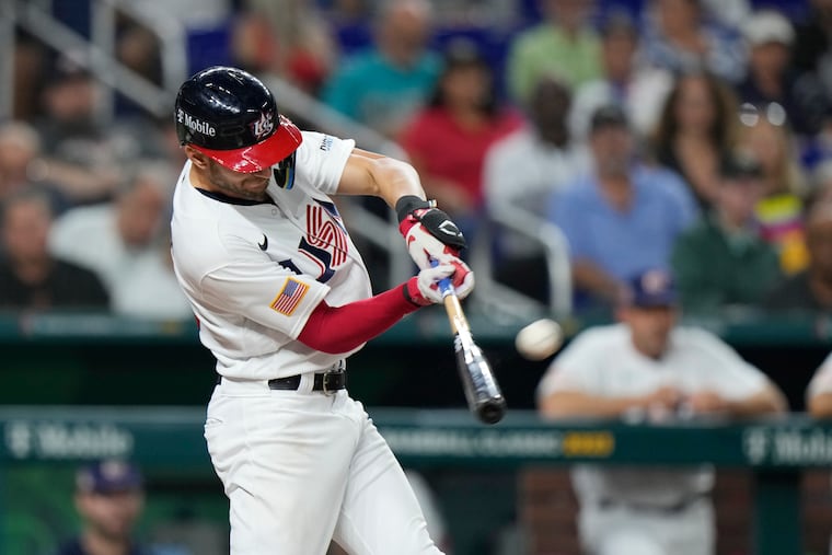 United States' Trea Turner hits a home run during the second inning of a World Baseball Classic game against Cuba.