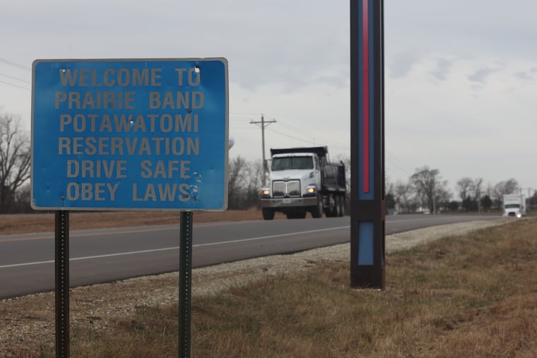 A sign marks the Prairie Band Potawatomi reservation, outside Mayetta, Kan., Thursday, Dec. 11, 2025.