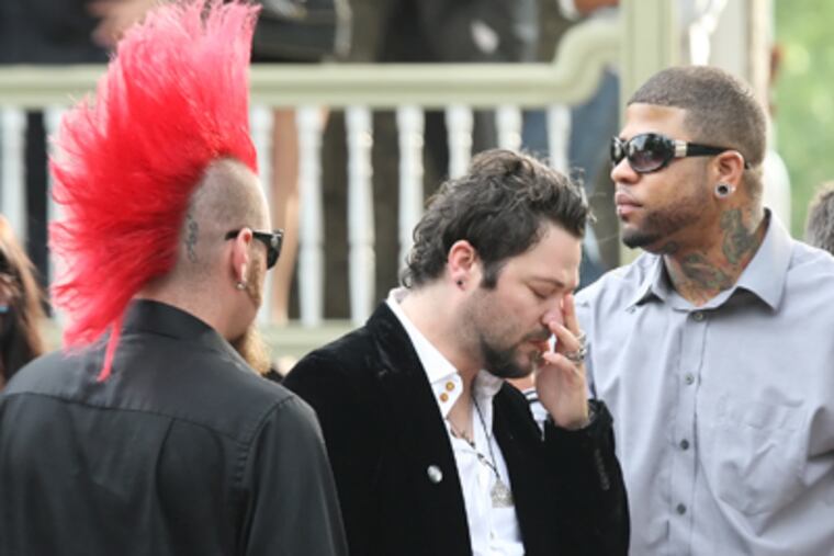 Brandon "Bam" Margera (center), Ryan Dunn's "Jackass" costar, after a viewing at the DellaVecchia, Reilly, Smith & Boyd Funeral Home in West Chester. (Steven M. Falk / Staff Photographer)