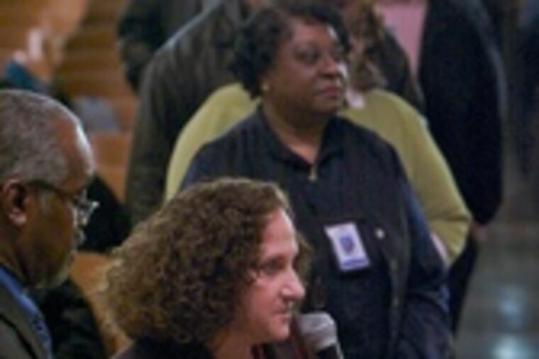 Alice Heller, principal at South Philadelphia High, speaks to Commissioner Ramsey.