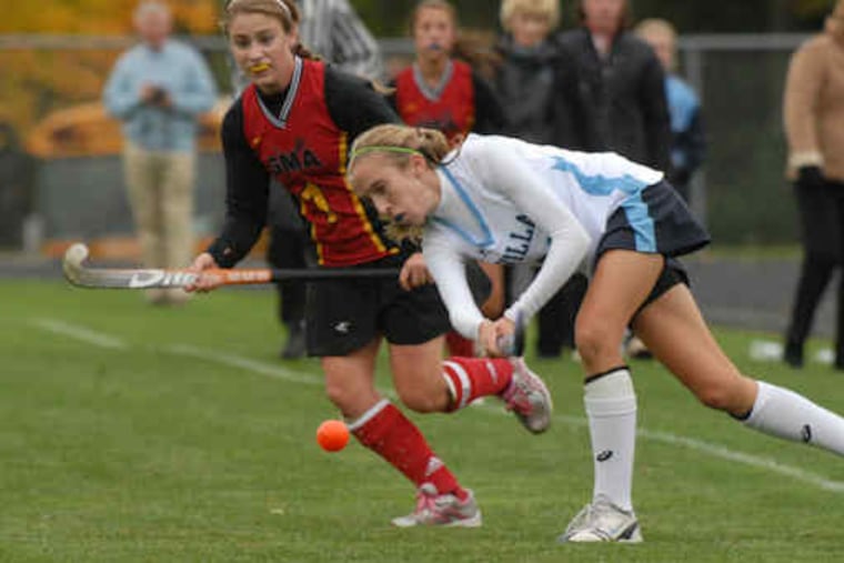 Villa Maria's Samantha Ostoich drove the ball as Gwynedd-Mercy's Haley Keenan watched during a game last month. District 1 champion Villa Maria will play Oley Valley on Saturday.