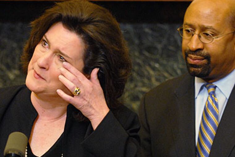 With Mayor Nutter standing by, Philadelphia Managing Director Camille Barnett begins to cry as she announced her resignation this week after little more than two years on the job. She won't be walking away empty handed, though. (Tom Gralish / Staff Photographer)