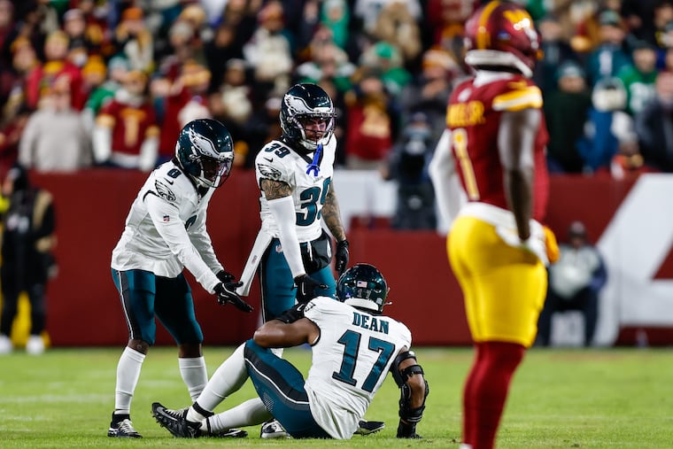 Eagles linebacker Nakobe Dean is "iffy" this week after suffering a hamstring injury, Vic Fangio said.