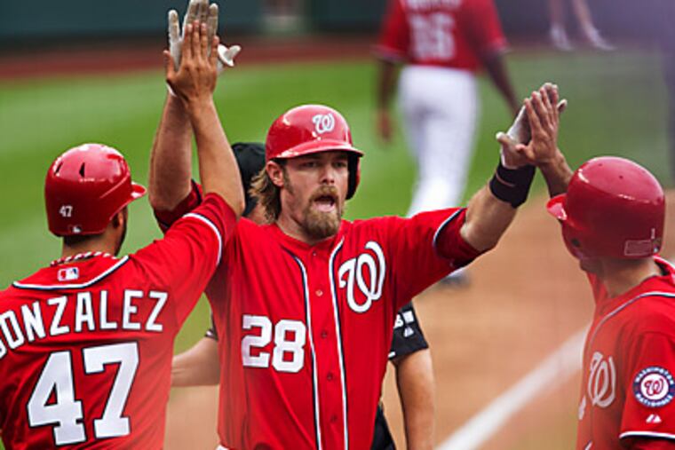 Jayson Werth is congratulated after his three-run home run in the fifth on Saturday. (Manuel Balce Ceneta/AP)