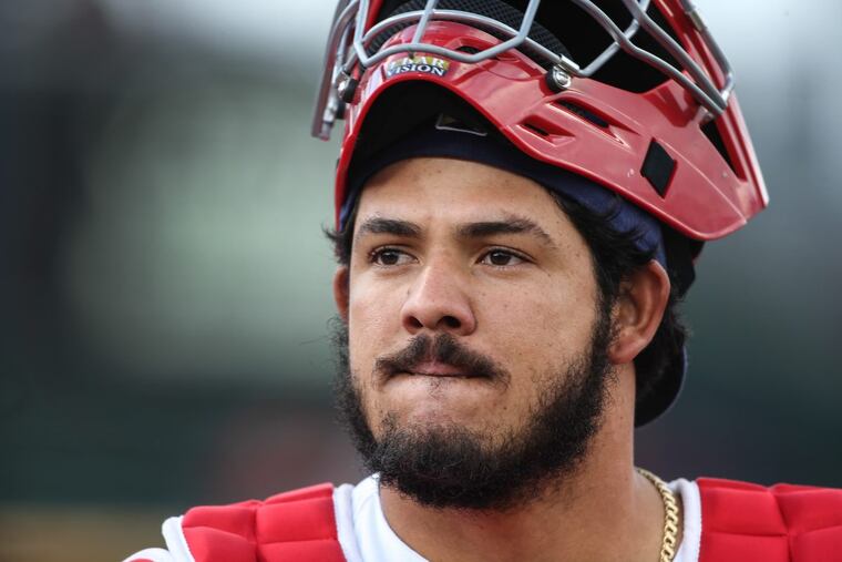 IronPigs catcher Jorge Alfaro,, shown here from a game in May, homered on Friday night. ( STEVEN M. FALK / Staff Photographer )