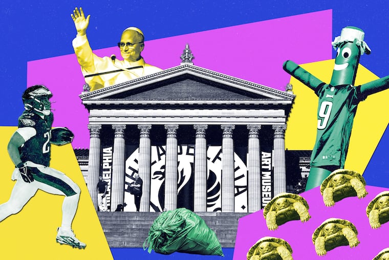 Photo illustration of weird stories that happened in 2025 in Philly.