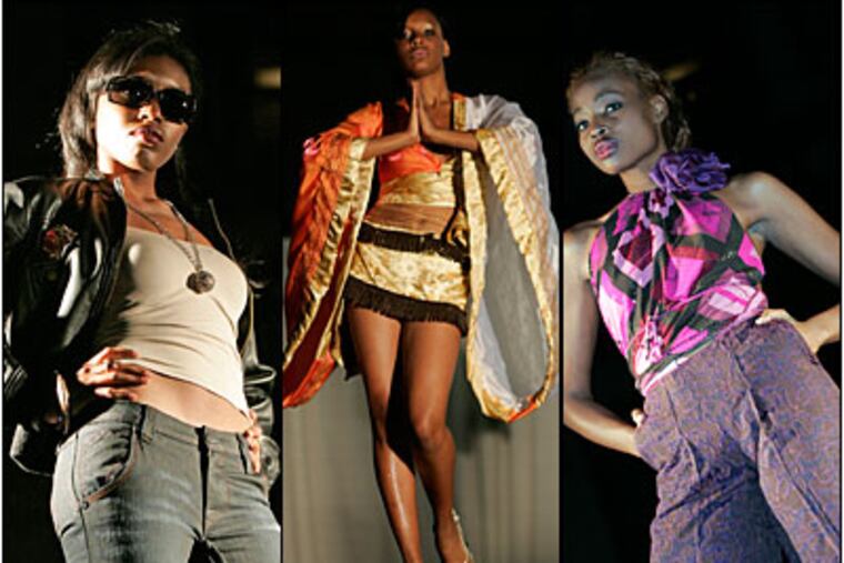 The looks from Philly Fashion Week include outfits (from left) Fetish, Happy Couture and English Clientele. (Bonnie Weller / Inquirer)