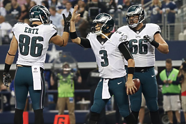 Mark Sanchez celebrates a touchdown in the first quarter with Zach Ertz. (Matthew Emmons/USA TODAY Sports)
